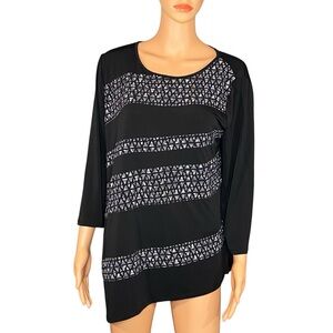 Alfred Dunner Black and White Patterned Long Sleeve Top